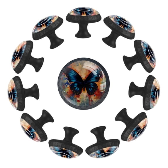 HemaKayy 12 Pack 1.37" Decorative Cabinet Knobs - Elegant ABS Glass Handles for Home Furniture Decor - Dresser Drawer Door Pulls - Perfect for Kitchen - Dark Blue Butterfly Colorful Ink Paint