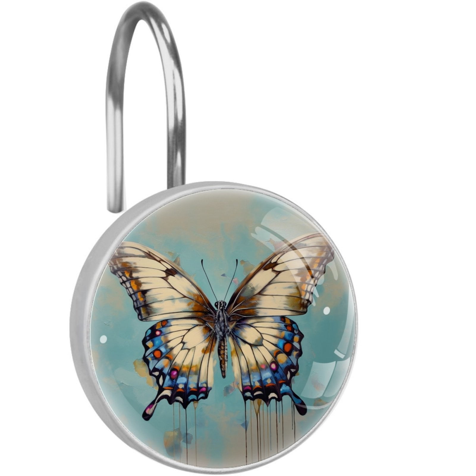 HemaKayy 12 Pcs Decorative Shower Curtain Hooks - Rust Proof Stainless Steel | Easy Installation and Glide | Ideal for Home, Bathroom and Bedroom Décor - White Butterfly Blue Gradient Painting