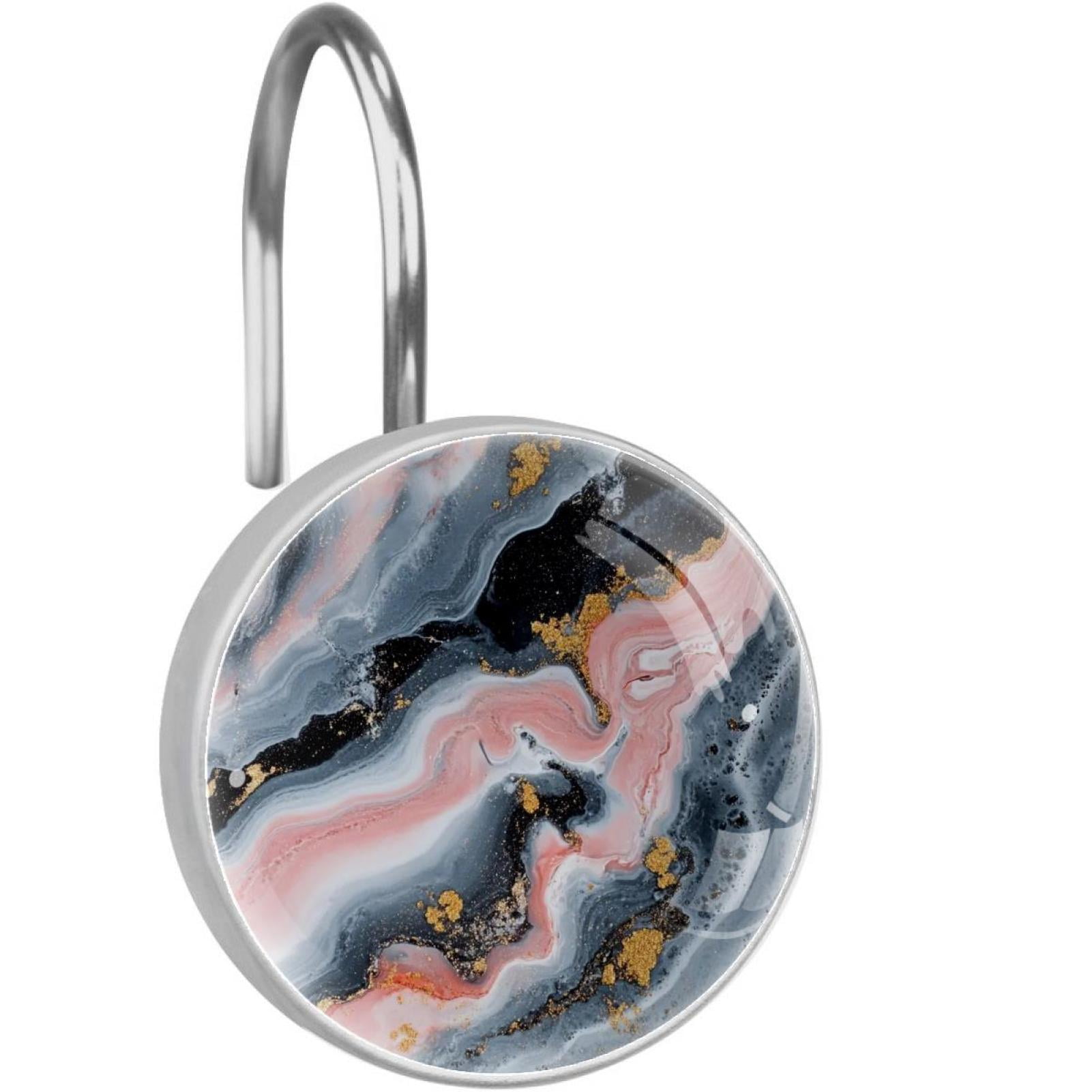HemaKayy 12 Pcs Decorative Shower Curtain Hooks - Stainless Steel Rings for Bathroom Décor - Easy Glide & Secure Hold - Perfect Decoration for Bathroom Shower Rods - Marble Abstract Texture