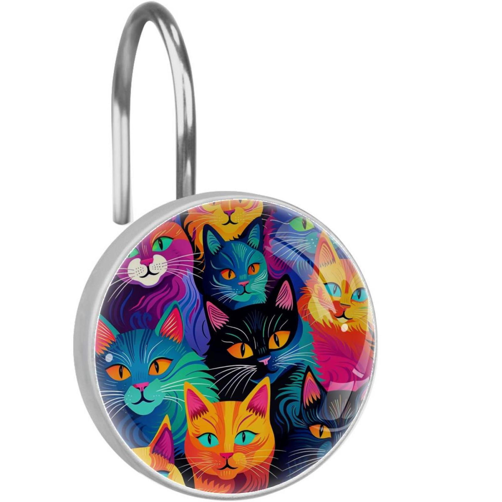 HemaKayy 12 Pcs Decorative Shower Curtain Hooks - Stainless Steel Rings for Bathroom Décor - Easy Glide & Secure Hold - Perfect Decoration for Bathroom Shower Rods - Pet Cats