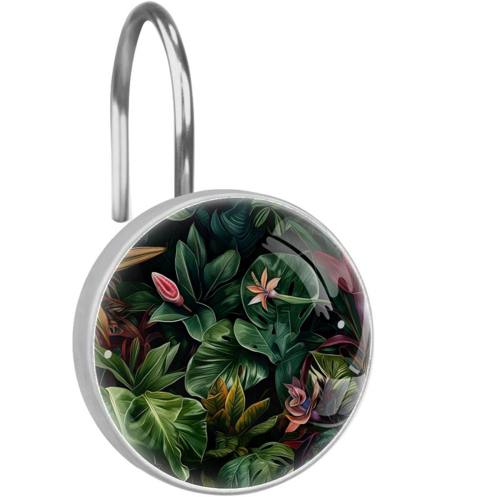 HemaKayy 12 Pcs Decorative Shower Curtain Hooks - Stainless Steel Rings for Bathroom Décor - Easy Glide & Secure Hold - Perfect Decoration for Bathroom Shower Rods - Tropical Plants