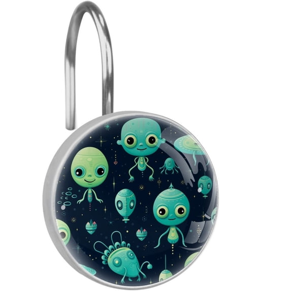 HemaKayy 12 Pcs Decorative Shower Curtain Hooks - Stainless Steel Rings for Bathroom Décor - Easy Glide & Secure Hold - Perfect Decoration for Bathroom Shower Rods - Outer Space Alien