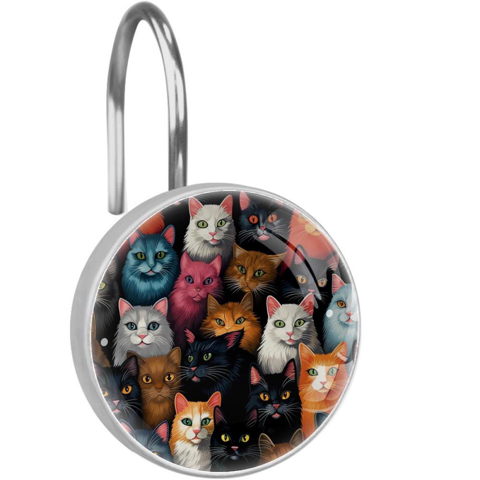 HemaKayy 12 Pcs Decorative Shower Curtain Hooks - Stainless Steel Rings for Bathroom Décor - Easy Glide & Secure Hold - Perfect Decoration for Bathroom Shower Rods - Pet Cats
