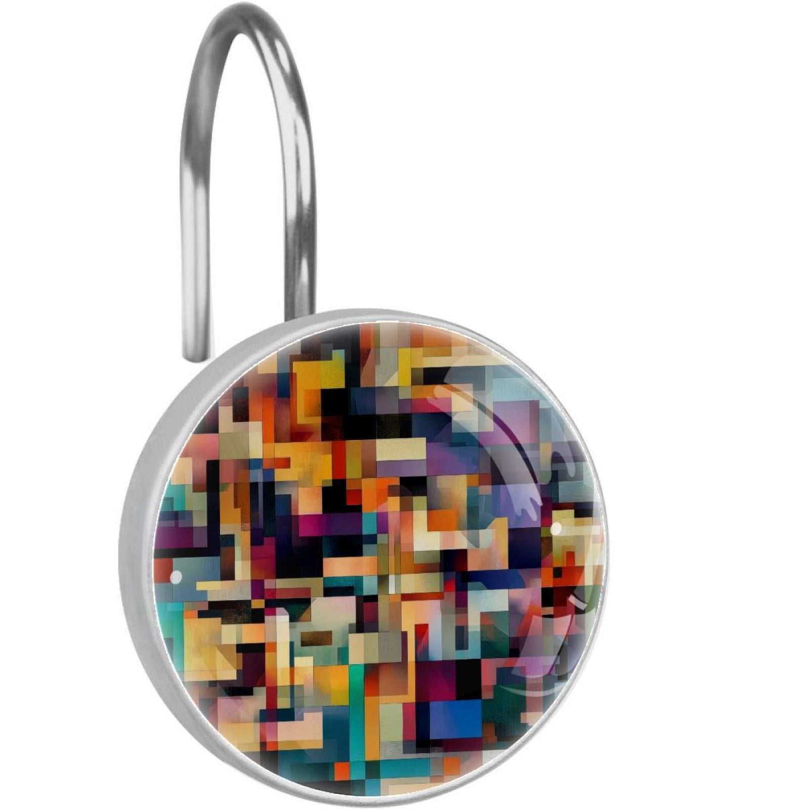 HemaKayy 12 Pcs Shower Curtain Hooks Bathroom Decorative Accessories Abstract Geometric Mosaic Graphics Print