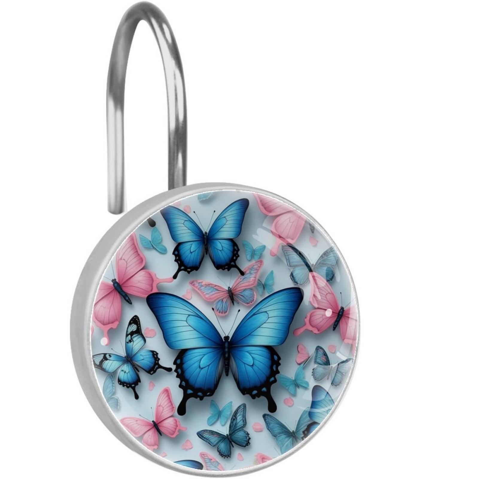 HemaKayy 12 Pcs Shower Curtain Hooks Bathroom Decorative Accessories Blue Pink Cardboard Butterfly