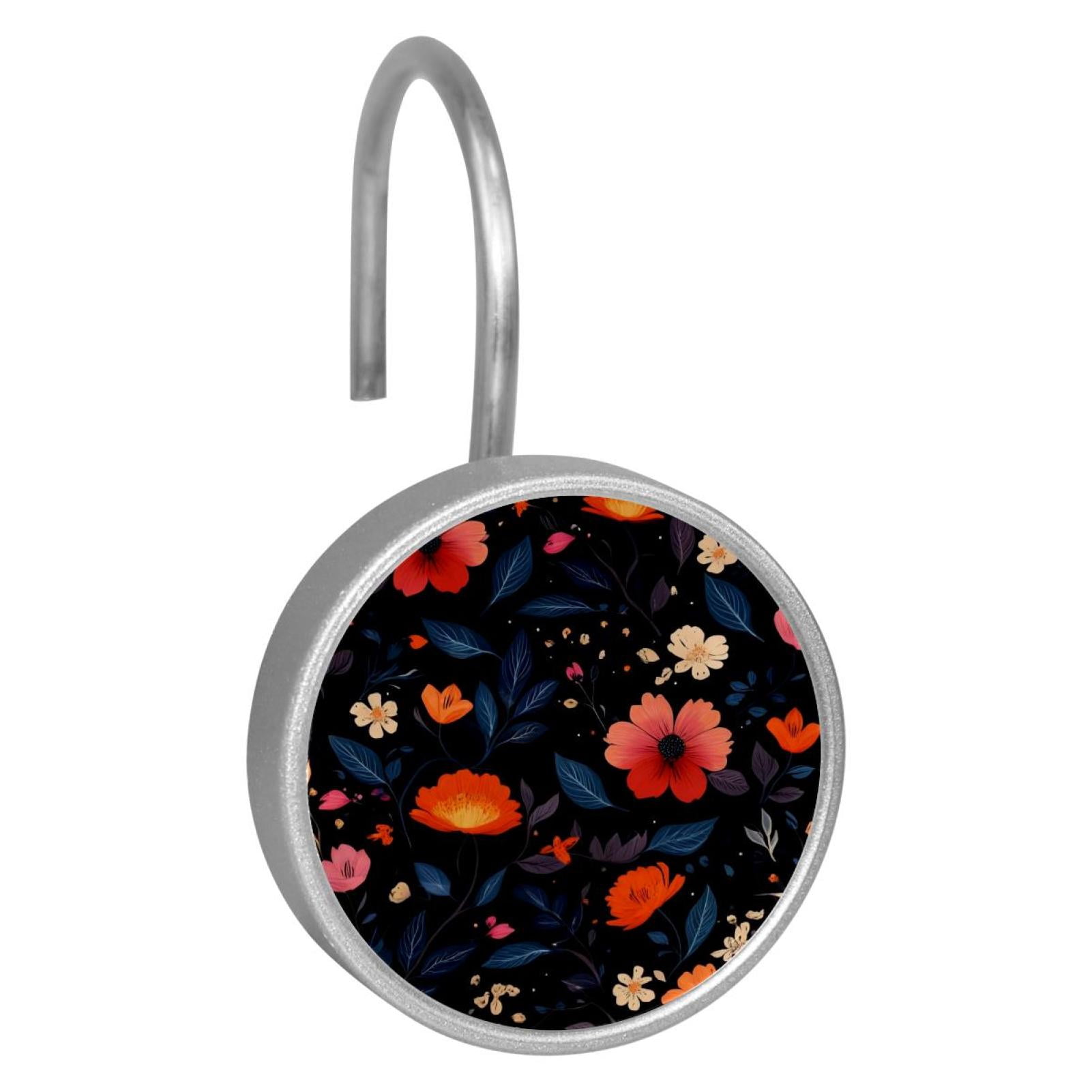 HemaKayy 12 Pcs Shower Curtain Hooks Bathroom Decorative Accessories Brilliant Red Flowers Blue Leaves