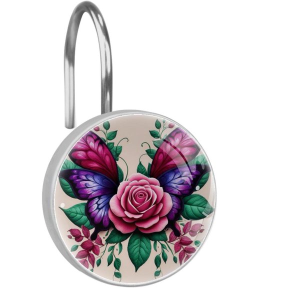 HemaKayy 12 Pcs Shower Curtain Hooks Bathroom Decorative Accessories Colorful Butterfly Flower