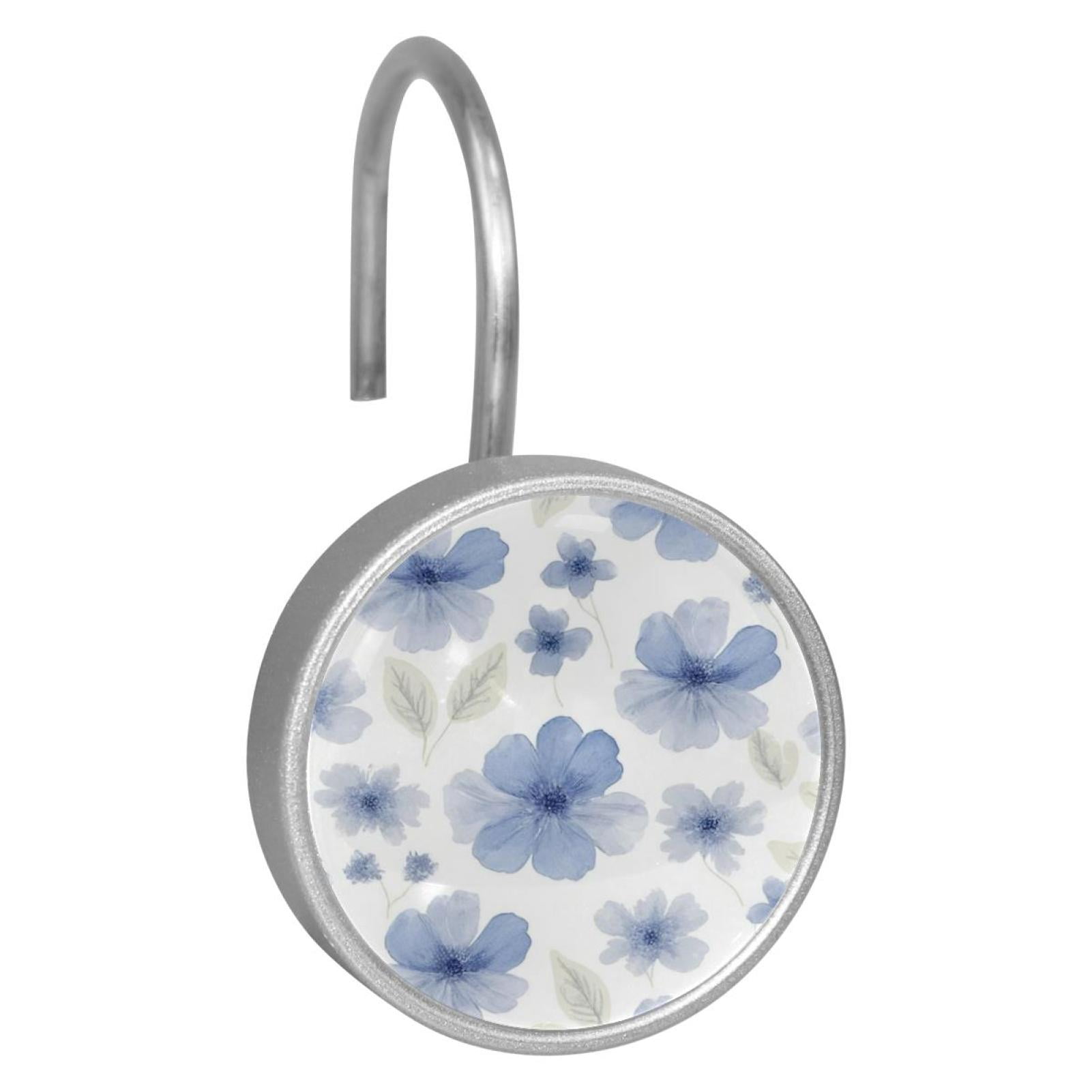 HemaKayy 12 Pcs Shower Curtain Hooks Bathroom Decorative Accessories Elegant Blue Flowers Transparent