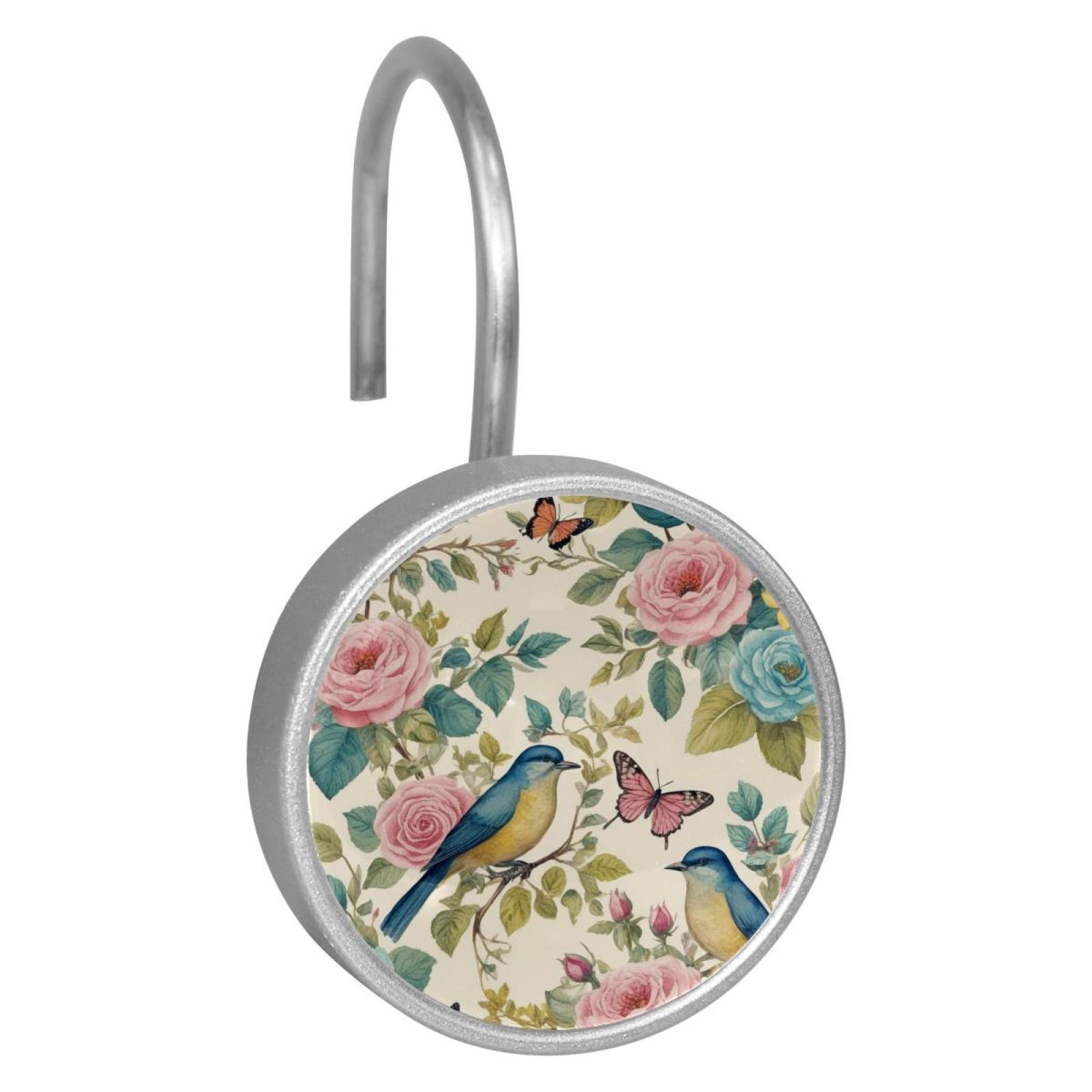 HemaKayy 12 Pcs Shower Curtain Hooks Bathroom Decorative Accessories Flower Bird Butterfly Forest