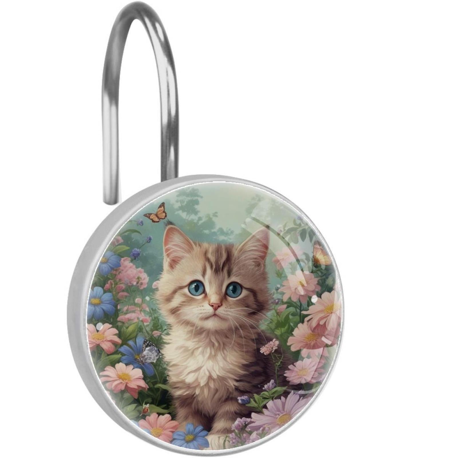 HemaKayy 12 Pcs Shower Curtain Hooks Bathroom Decorative Accessories Flower Curly Haired Cat