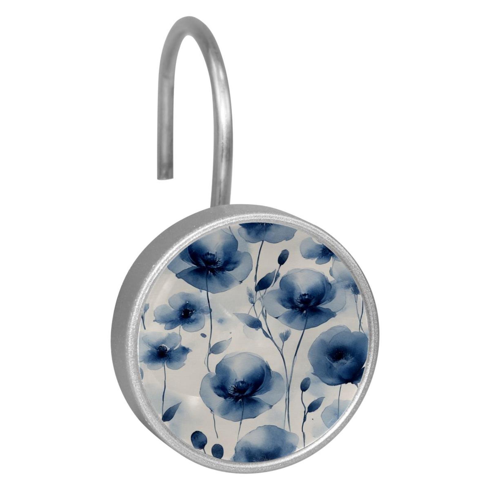 HemaKayy 12 Pcs Shower Curtain Hooks Bathroom Decorative Accessories Ink Blue Flower