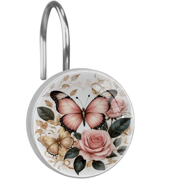 HemaKayy 12 Pcs Shower Curtain Hooks Bathroom Decorative Accessories Metal Rose Butterfly