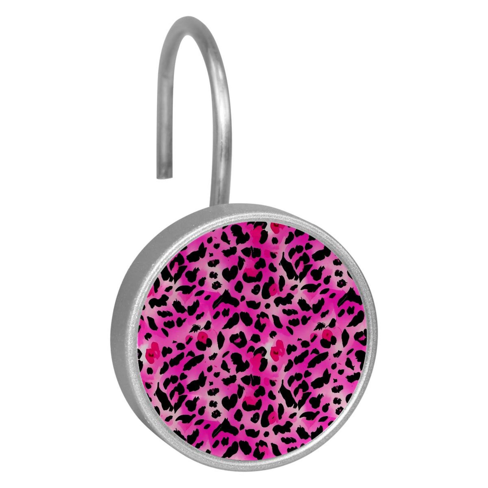 HemaKayy 12 Pcs Shower Curtain Hooks Bathroom Decorative Accessories Pink Kiss Leopard Pattern