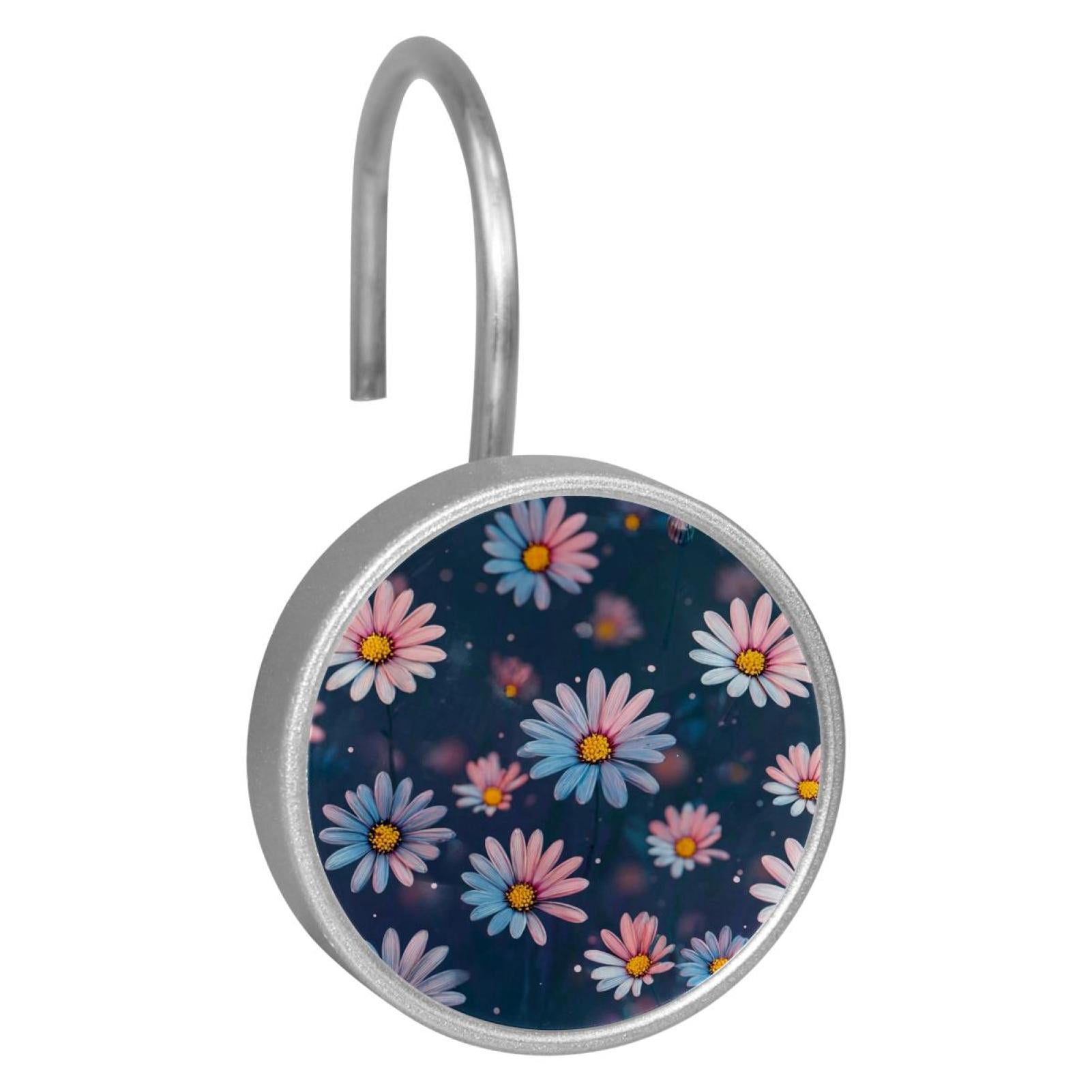 HemaKayy 12 Pcs Shower Curtain Hooks Bathroom Decorative Accessories Polka Dot Daisies White