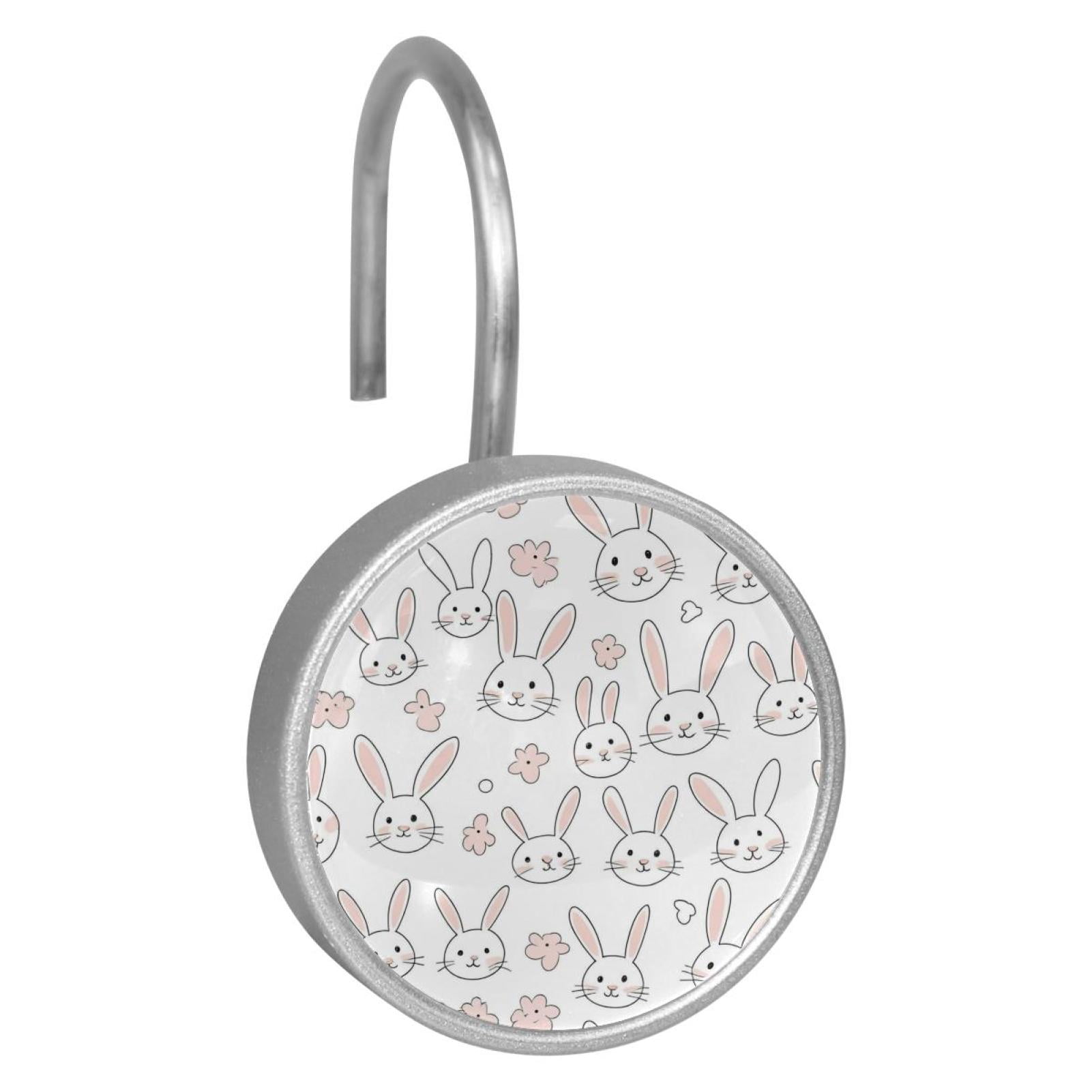HemaKayy 12 Pcs Shower Curtain Hooks Bathroom Decorative Accessories Simple Drawing White Rabbit