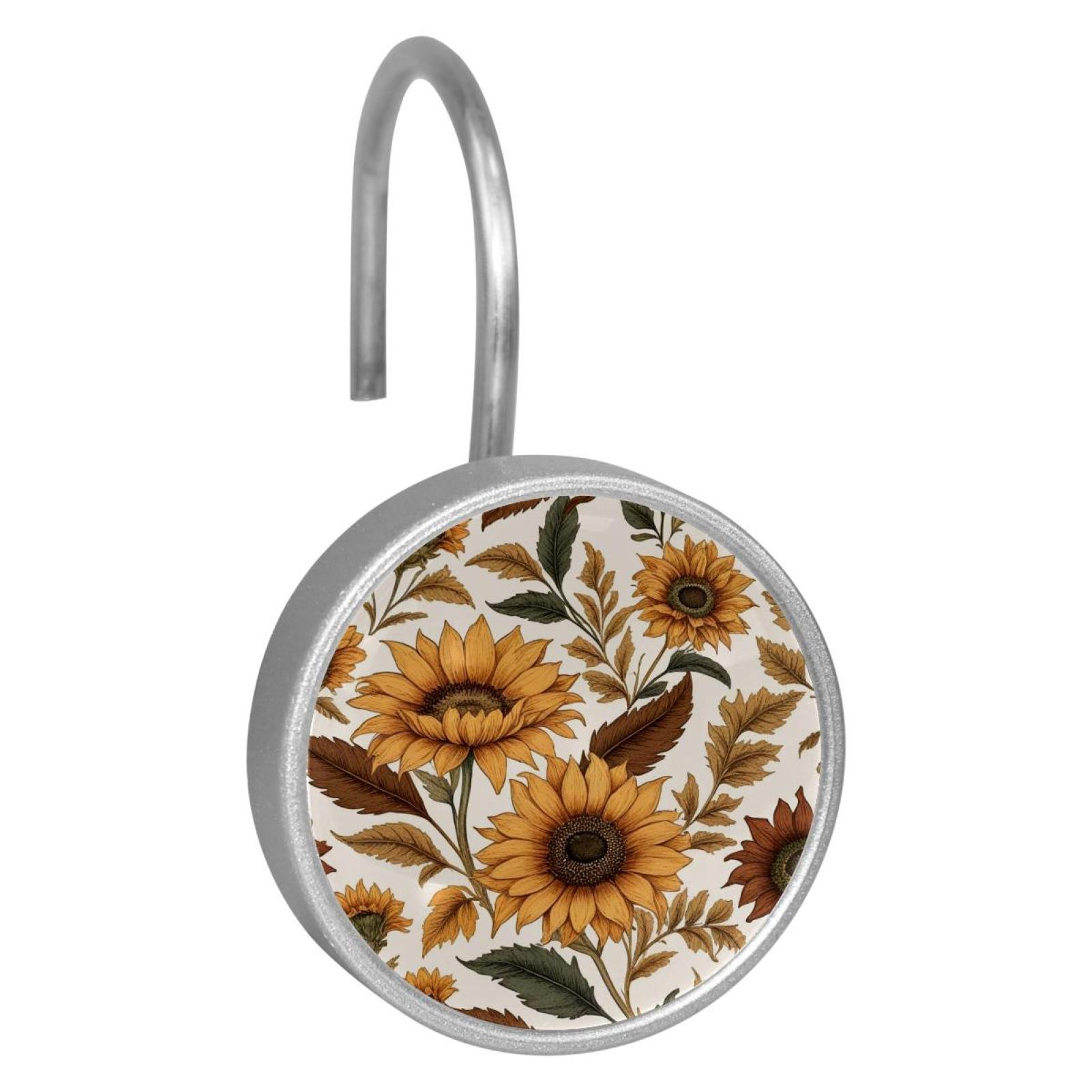 HemaKayy 12 Pcs Shower Curtain Hooks Bathroom Decorative Accessories Vintage Sunflower Blossoms