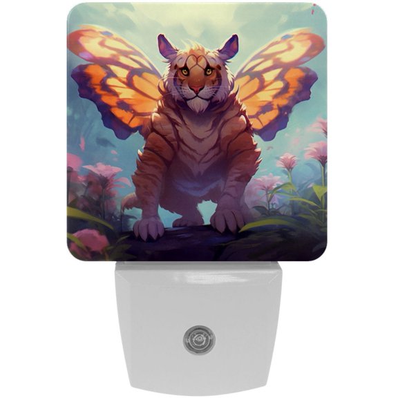 HemaKayy 2 Pack Automatic Sensor Dusk-to-Dawn LED Night Lights | Warm Sweet Wall Night Light for Home, Bedroom, Hallway | Energy-Saving Dusk-to-Dawn Nightlight - Tiger with Wings