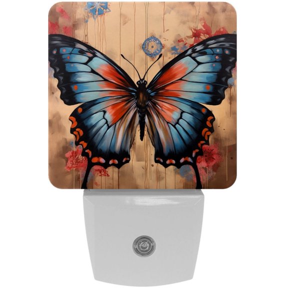 HemaKayy 2 Pack Automatic Sensor Dusk-to-Dawn LED Night Lights | Warm Sweet Wall Night Light for Home, Bedroom, Hallway | Energy-Saving Dusk-to-Dawn Nightlight - Blue Butterfly Ink Paint