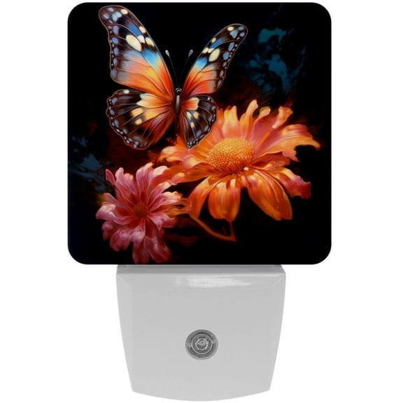 HemaKayy 2 Pack Automatic Sensor Dusk-to-Dawn LED Night Lights | Warm Sweet Wall Night Light for Home, Bedroom, Hallway | Energy-Saving Dusk-to-Dawn Nightlight - Colorful Butterfly on Flower