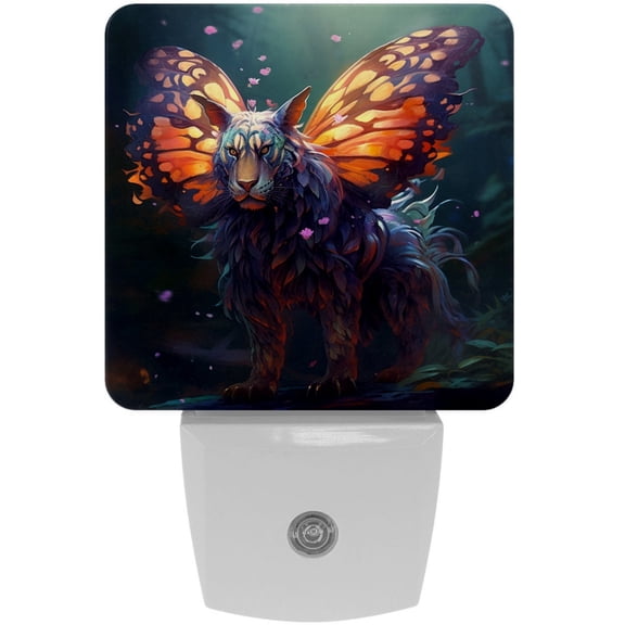 HemaKayy 2 Pack Automatic Sensor Dusk-to-Dawn LED Night Lights | Warm Sweet Wall Night Light for Home, Bedroom, Hallway | Energy-Saving Dusk-to-Dawn Nightlight - Tiger with Butterfly Wings