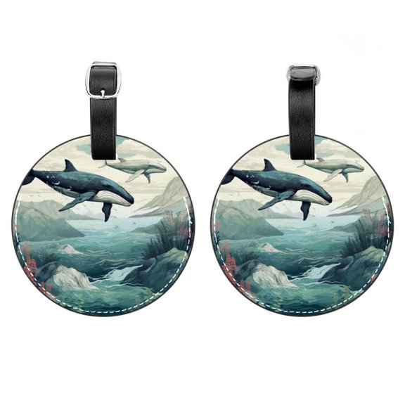 HemaKayy 2 Pack Luggage Tags, PU Leather Round Luggage Bag Tags, Shoulder Bag, Case Tag for Women Men Travel, Premium Suitcase Labels with Privacy Cover and Security Card - Ocean Sea Whale