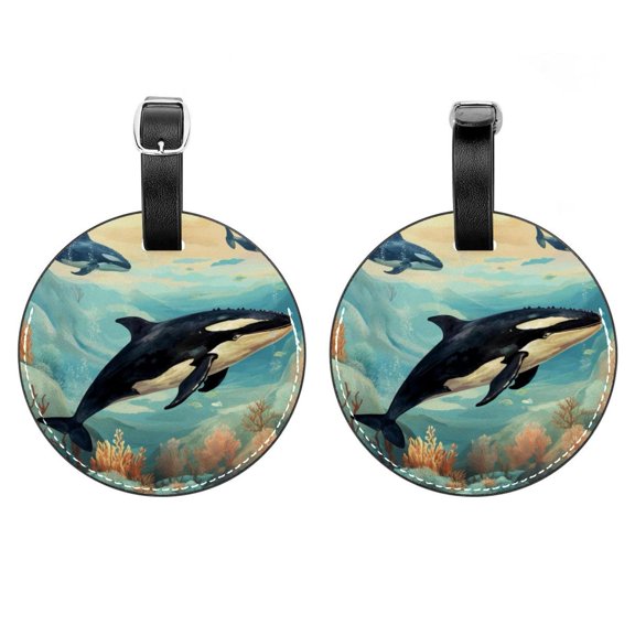 HemaKayy 2 Pack Luggage Tags, PU Leather Round Luggage Bag Tags, Shoulder Bag, Case Tag for Women Men Travel, Premium Suitcase Labels with Privacy Cover and Security Card - Ocean Sea Whale