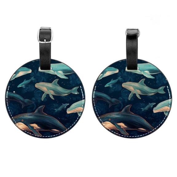 HemaKayy 2 Pack Luggage Tags, PU Leather Round Luggage Bag Tags, Shoulder Bag, Case Tag for Women Men Travel, Premium Suitcase Labels with Privacy Cover and Security Card - Ocean Sea Whale