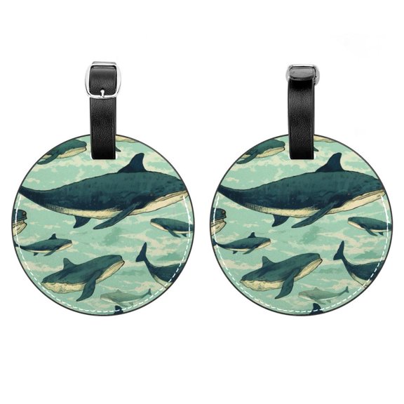 HemaKayy 2 Pack Luggage Tags, PU Leather Round Luggage Bag Tags, Shoulder Bag, Case Tag for Women Men Travel, Premium Suitcase Labels with Privacy Cover and Security Card - Ocean Sea Whale
