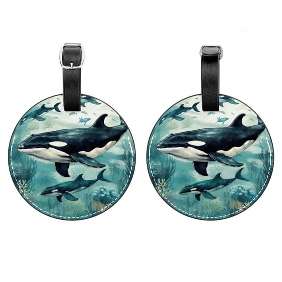 HemaKayy 2 Pack Luggage Tags, PU Leather Round Luggage Bag Tags, Shoulder Bag, Case Tag for Women Men Travel, Premium Suitcase Labels with Privacy Cover and Security Card - Ocean Sea Whale