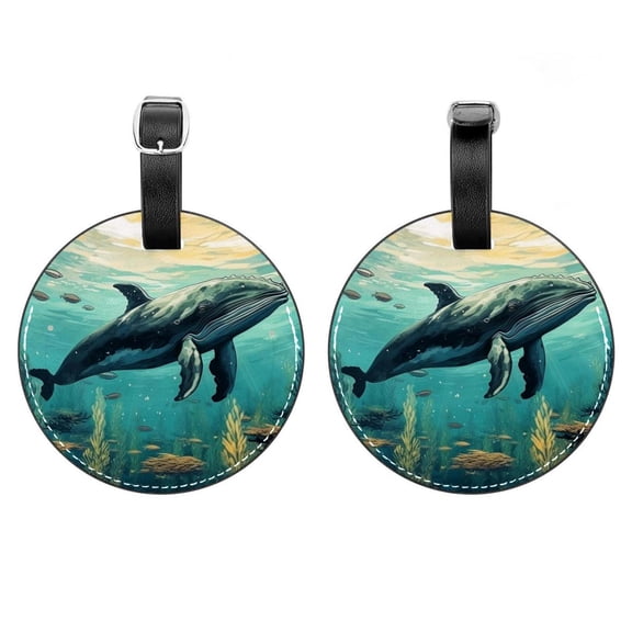 HemaKayy 2 Pack Luggage Tags, PU Leather Round Luggage Bag Tags, Shoulder Bag, Case Tag for Women Men Travel, Premium Suitcase Labels with Privacy Cover and Security Card - Ocean Sea Whale