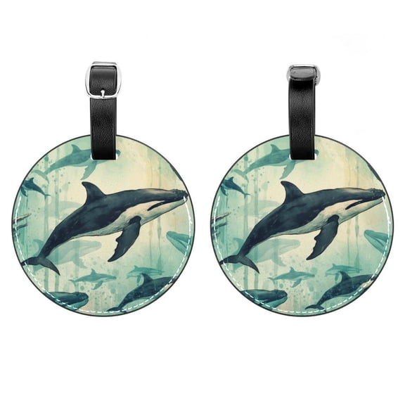 HemaKayy 2 Pack Luggage Tags, PU Leather Round Luggage Bag Tags, Shoulder Bag, Case Tag for Women Men Travel, Premium Suitcase Labels with Privacy Cover and Security Card - Ocean Sea Whale