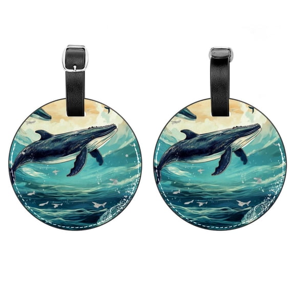 HemaKayy 2 Pack Luggage Tags, PU Leather Round Luggage Bag Tags, Shoulder Bag, Case Tag for Women Men Travel, Premium Suitcase Labels with Privacy Cover and Security Card - Ocean Sea Whale