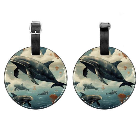 HemaKayy 2 Pack Luggage Tags, PU Leather Round Luggage Bag Tags, Shoulder Bag, Case Tag for Women Men Travel, Premium Suitcase Labels with Privacy Cover and Security Card - Ocean Sea Whale