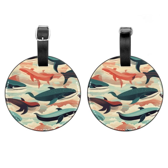 HemaKayy 2 Pack Luggage Tags, PU Leather Round Luggage Bag Tags, Shoulder Bag, Case Tag for Women Men Travel, Premium Suitcase Labels with Privacy Cover and Security Card - Ocean Sea Whale