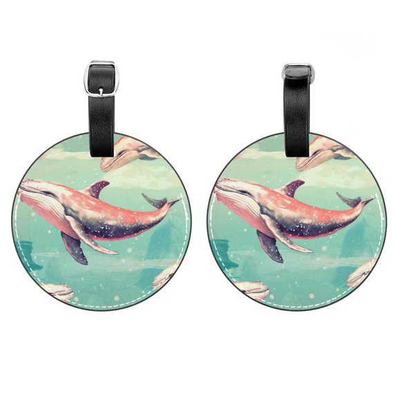 HemaKayy 2 Pack Luggage Tags, PU Leather Round Luggage Bag Tags, Shoulder Bag, Case Tag for Women Men Travel, Premium Suitcase Labels with Privacy Cover and Security Card - Ocean Sea Whale