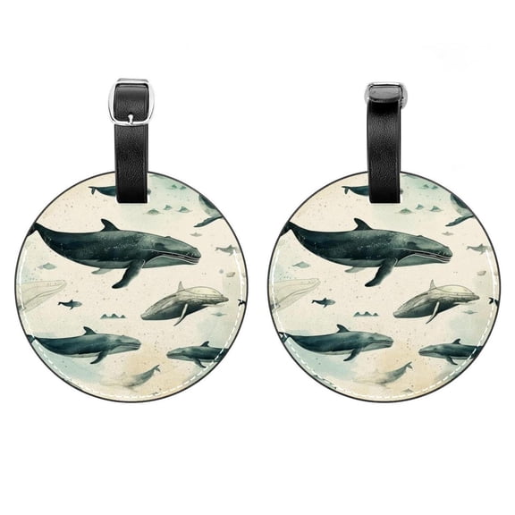 HemaKayy 2 Pack Luggage Tags, PU Leather Round Luggage Bag Tags, Shoulder Bag, Case Tag for Women Men Travel, Premium Suitcase Labels with Privacy Cover and Security Card - Ocean Sea Whale