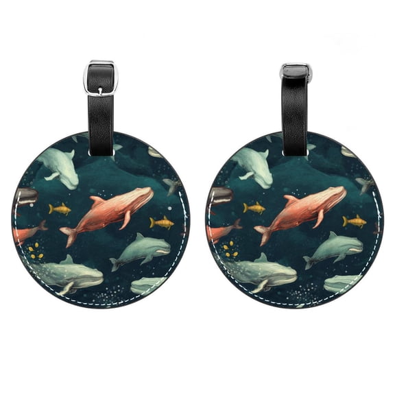 HemaKayy 2 Pack Luggage Tags, PU Leather Round Luggage Bag Tags, Shoulder Bag, Case Tag for Women Men Travel, Premium Suitcase Labels with Privacy Cover and Security Card - Ocean Sea Whale