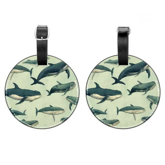 HemaKayy 2 Pack Luggage Tags, PU Leather Round Luggage Bag Tags, Shoulder Bag, Case Tag for Women Men Travel, Premium Suitcase Labels with Privacy Cover and Security Card - Ocean Sea Whale