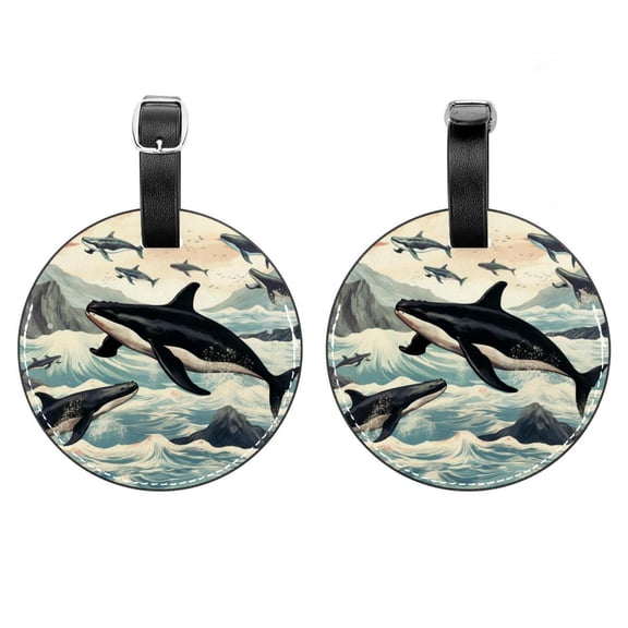 HemaKayy 2 Pack Luggage Tags, PU Leather Round Luggage Bag Tags, Shoulder Bag, Case Tag for Women Men Travel, Premium Suitcase Labels with Privacy Cover and Security Card - Ocean Sea Whale