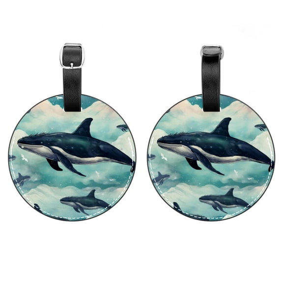 HemaKayy 2 Pack Luggage Tags, PU Leather Round Luggage Bag Tags, Shoulder Bag, Case Tag for Women Men Travel, Premium Suitcase Labels with Privacy Cover and Security Card - Ocean Sea Whale