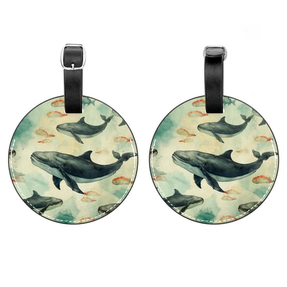 HemaKayy 2 Pack Luggage Tags, PU Leather Round Luggage Bag Tags, Shoulder Bag, Case Tag for Women Men Travel, Premium Suitcase Labels with Privacy Cover and Security Card - Ocean Sea Whale