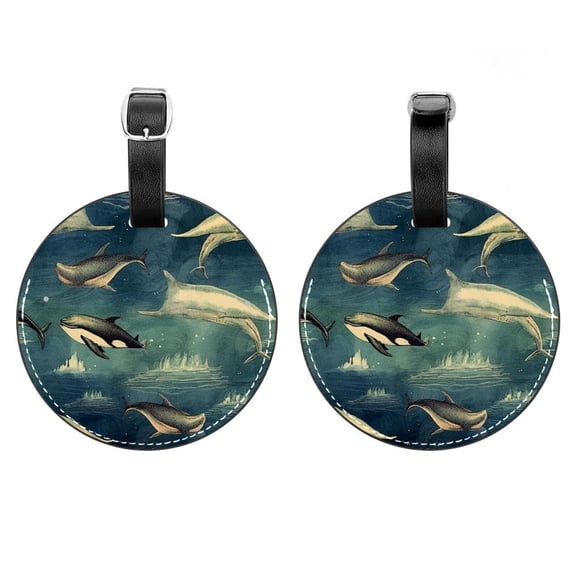 HemaKayy 2 Pack Luggage Tags, PU Leather Round Luggage Bag Tags, Shoulder Bag, Case Tag for Women Men Travel, Premium Suitcase Labels with Privacy Cover and Security Card - Ocean Sea Whale
