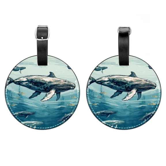 HemaKayy 2 Pack Luggage Tags, PU Leather Round Luggage Bag Tags, Shoulder Bag, Case Tag for Women Men Travel, Premium Suitcase Labels with Privacy Cover and Security Card - Ocean Sea Whale