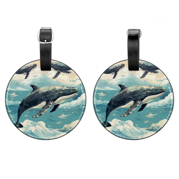 HemaKayy 2 Pack Luggage Tags, PU Leather Round Luggage Bag Tags, Shoulder Bag, Case Tag for Women Men Travel, Premium Suitcase Labels with Privacy Cover and Security Card - Ocean Sea Whale