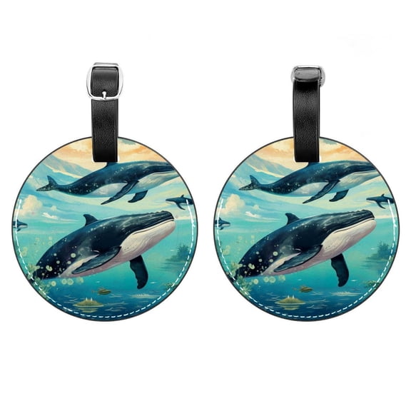 HemaKayy 2 Pack Luggage Tags, PU Leather Round Luggage Bag Tags, Shoulder Bag, Case Tag for Women Men Travel, Premium Suitcase Labels with Privacy Cover and Security Card - Ocean Sea Whale