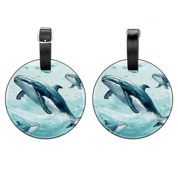 HemaKayy 2 Pack Luggage Tags, PU Leather Round Luggage Bag Tags, Shoulder Bag, Case Tag for Women Men Travel, Premium Suitcase Labels with Privacy Cover and Security Card - Ocean Sea Whale