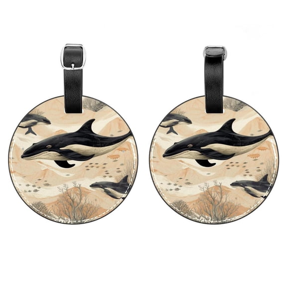 HemaKayy 2 Pack Luggage Tags, PU Leather Round Luggage Bag Tags, Shoulder Bag, Case Tag for Women Men Travel, Premium Suitcase Labels with Privacy Cover and Security Card - Ocean Sea Whale