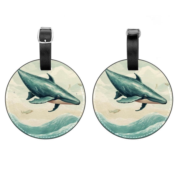 HemaKayy 2 Pack Luggage Tags, PU Leather Round Luggage Bag Tags, Shoulder Bag, Case Tag for Women Men Travel, Premium Suitcase Labels with Privacy Cover and Security Card - Ocean Sea Whale