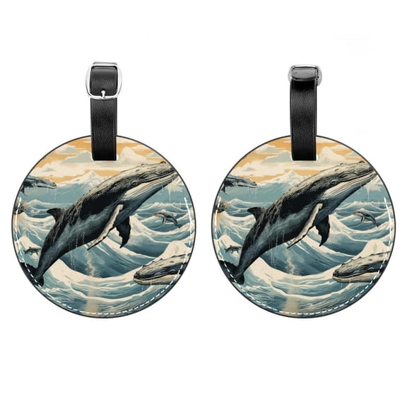 HemaKayy 2 Pack Luggage Tags, PU Leather Round Luggage Bag Tags, Shoulder Bag, Case Tag for Women Men Travel, Premium Suitcase Labels with Privacy Cover and Security Card - Ocean Sea Whale
