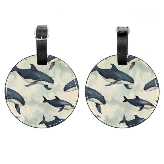 HemaKayy 2 Pack Luggage Tags, PU Leather Round Luggage Bag Tags, Shoulder Bag, Case Tag for Women Men Travel, Premium Suitcase Labels with Privacy Cover and Security Card - Ocean Sea Whale